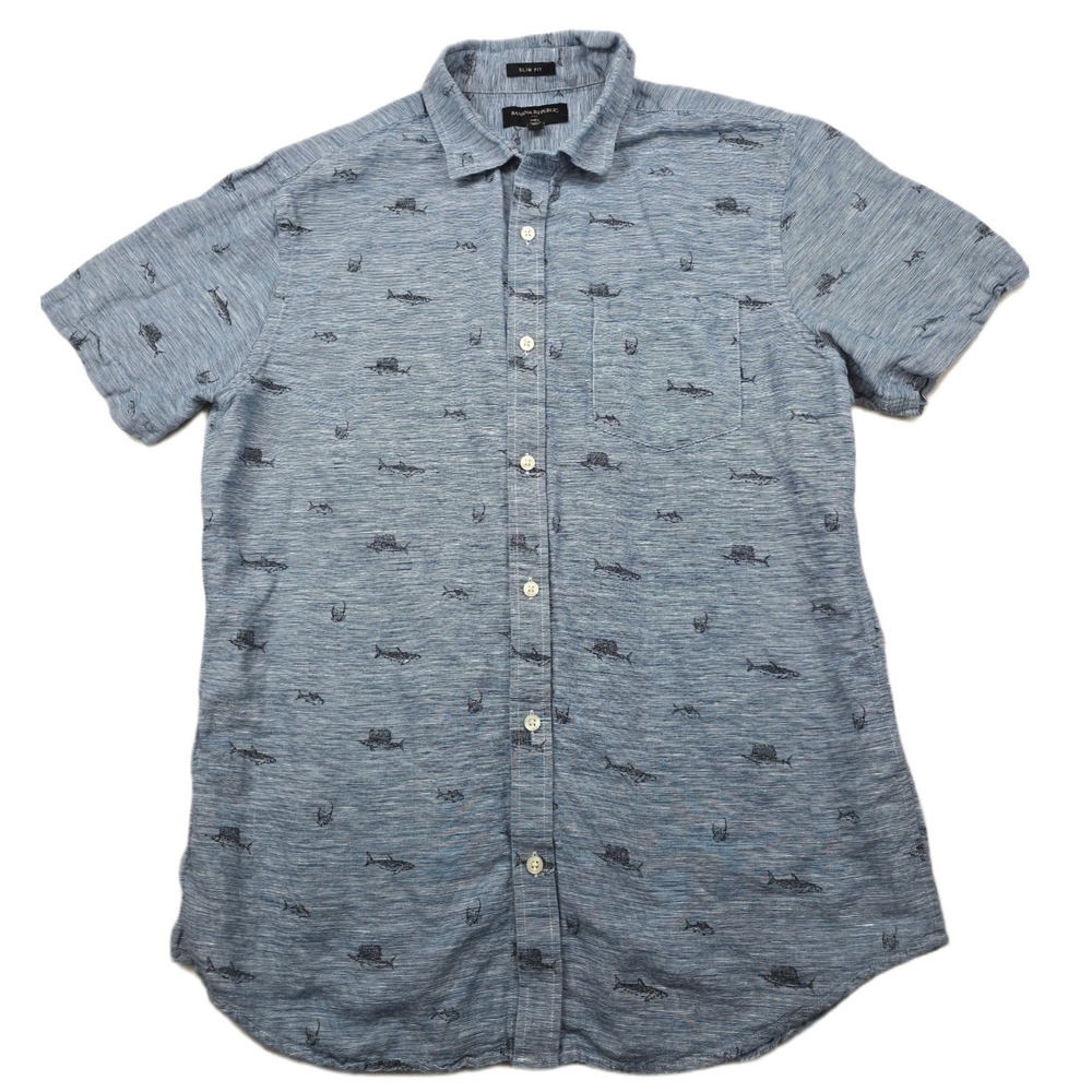 Banana Republic Slim Fit Linen Shirt‎ Mens Large Blue Shark Marlin Short Sleeve